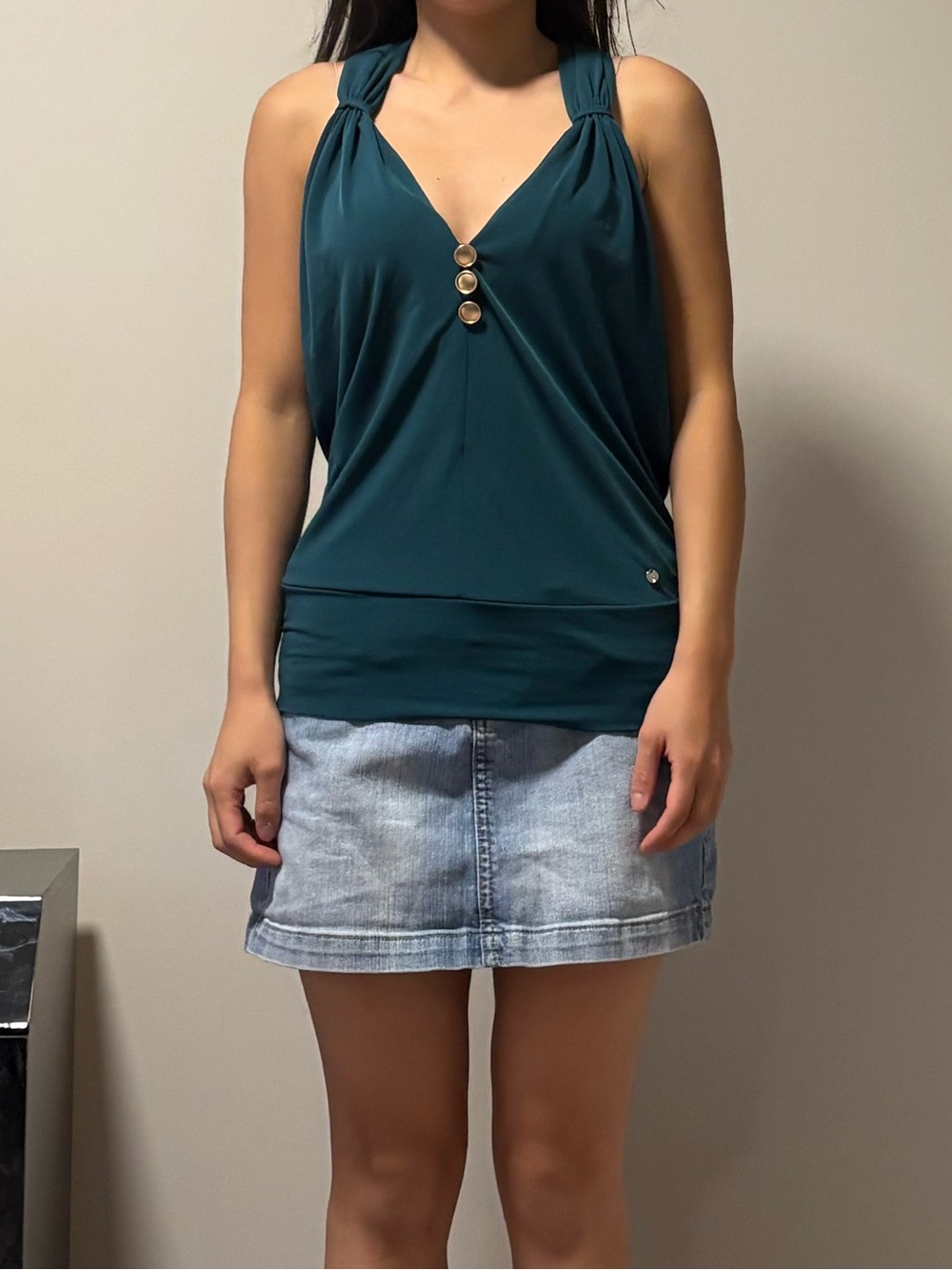 Guess Teal V-Neck Halter Tank with Gold Buttons
